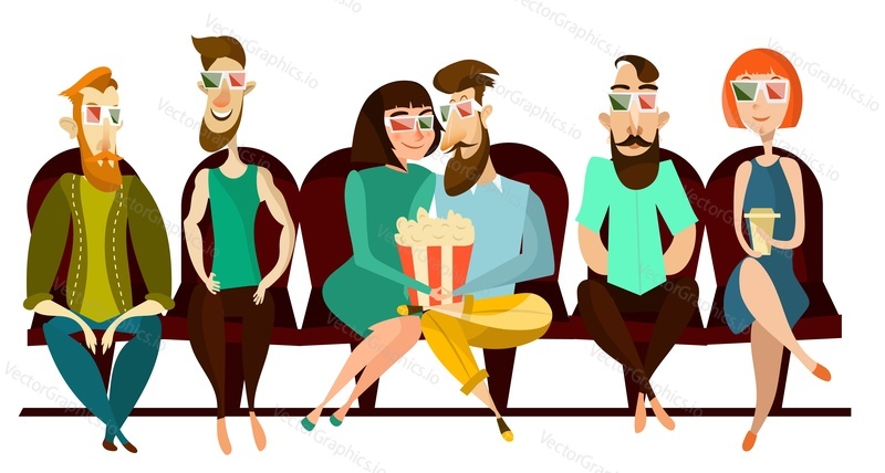 People sitting on cinema chair watching movie vector. Happy man and woman spectator character wearing 3d glasses enjoy film premiere. Recreation entertainment on weekend