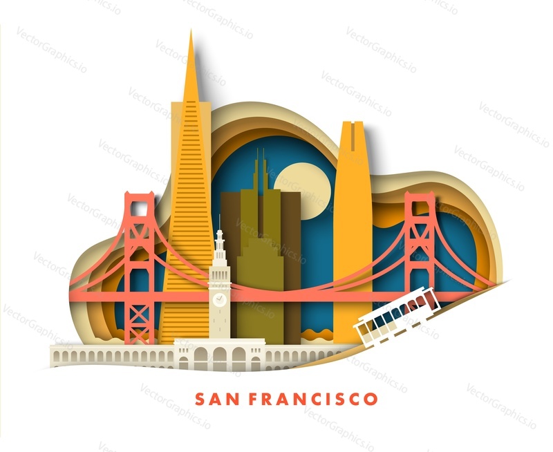 Сан-Франциско, Калифорнийский город в США, векторная иллюстрация пейзажа путешествия в стиле оригами, вырезанная из бумаги. Панорама знаменитого небоскреба, архитектуры башенного здания и достопримечательности моста