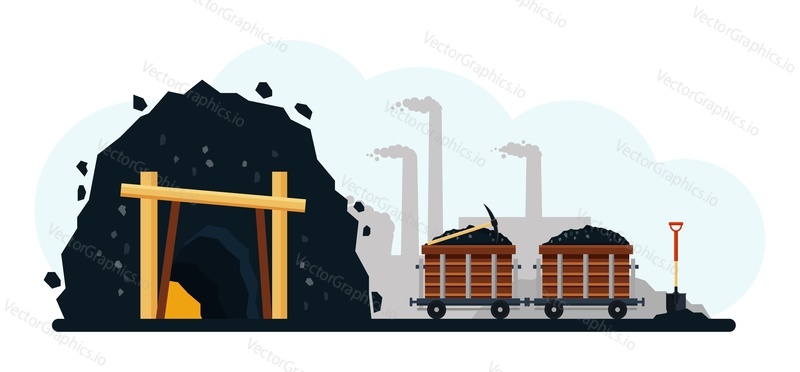 Векторная иллюстрация угледобывающей промышленности. Транспортировка грунтовой кучи ископаемого топлива на тележке-вагонетке по железной дороге. Добыча древесного угля в шахте. Промышленное производство черных минеральных ресурсов