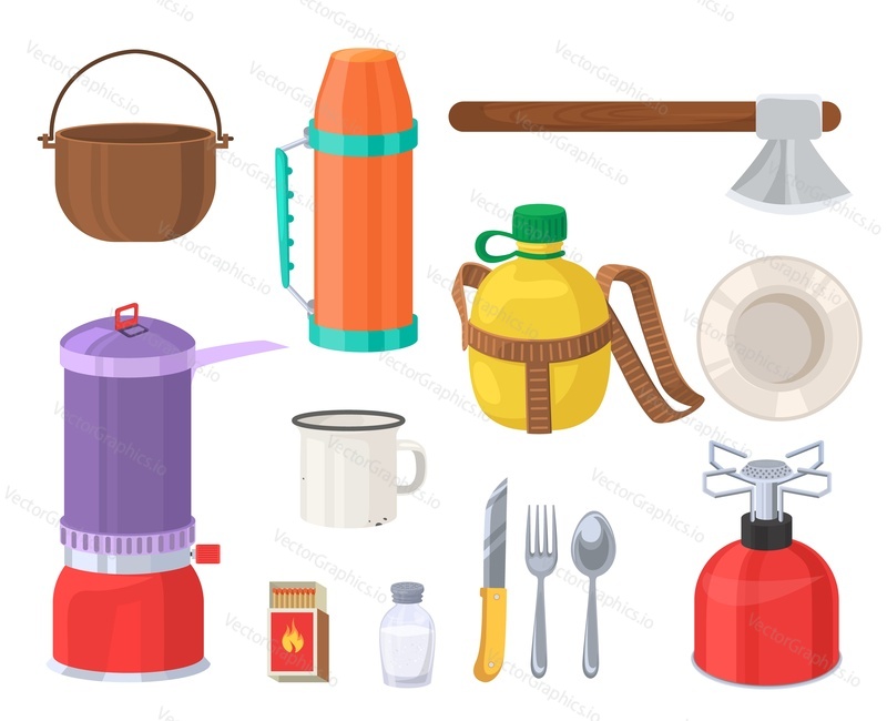 Travel vector set. Camping kitchenware and touristic supplies illustration. Cooking kettle and spices, thermo cup, flask, gas burner, mug and plate, axe and matches picnic equipment isolated on white