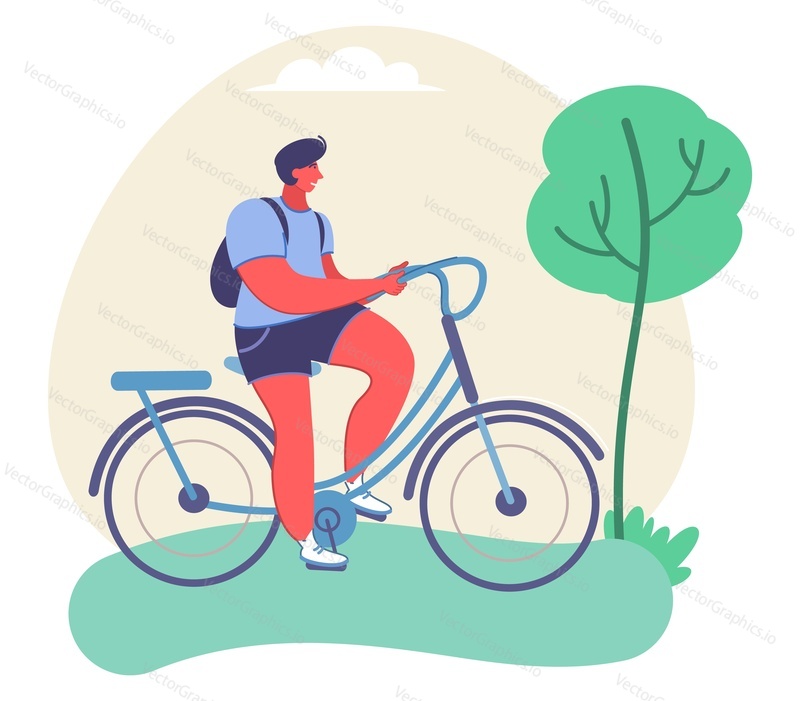 Молодой человек едет на велосипеде векторно. Иллюстрация городского велосипедиста. Персонаж мужского пола наслаждается спортивным занятием на велосипеде в плоском мультфильме. Экологичный транспорт и городской транспорт