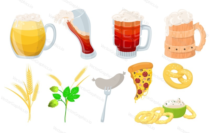Beer and snack vector. Bar pub drink glasses and food isolated set. Fastfood appetizer for lunch and craft beverage for party celebration illustration