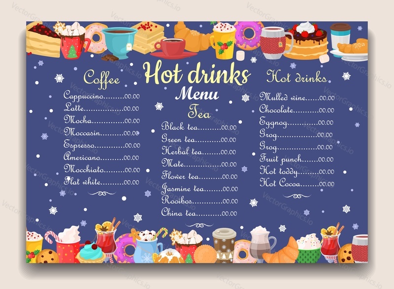 Hot drinks winter menu vector design template. Christmas holiday cafe bar with food and beverage for breakfast. Coffee-shop poster snack board. Creative bakery with pastry dessert cover illustration