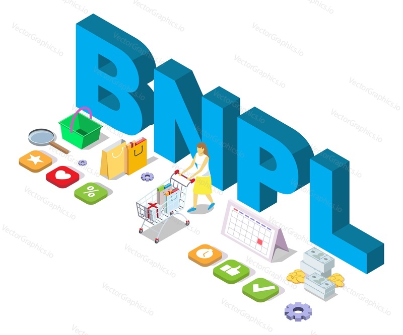 Buy now pay later concept. BNPL purchase for online shopping 3d vector illustration. Credit payment for retail sale commerce offer. Convenient customer service promotion