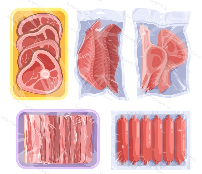 Vacuum food vector. Set of meat, poultry, seafood on plastic trays covered with polyethylene kitchen saran film. Chicken, crawfish, beef steak, sausages, fish fillet assortment