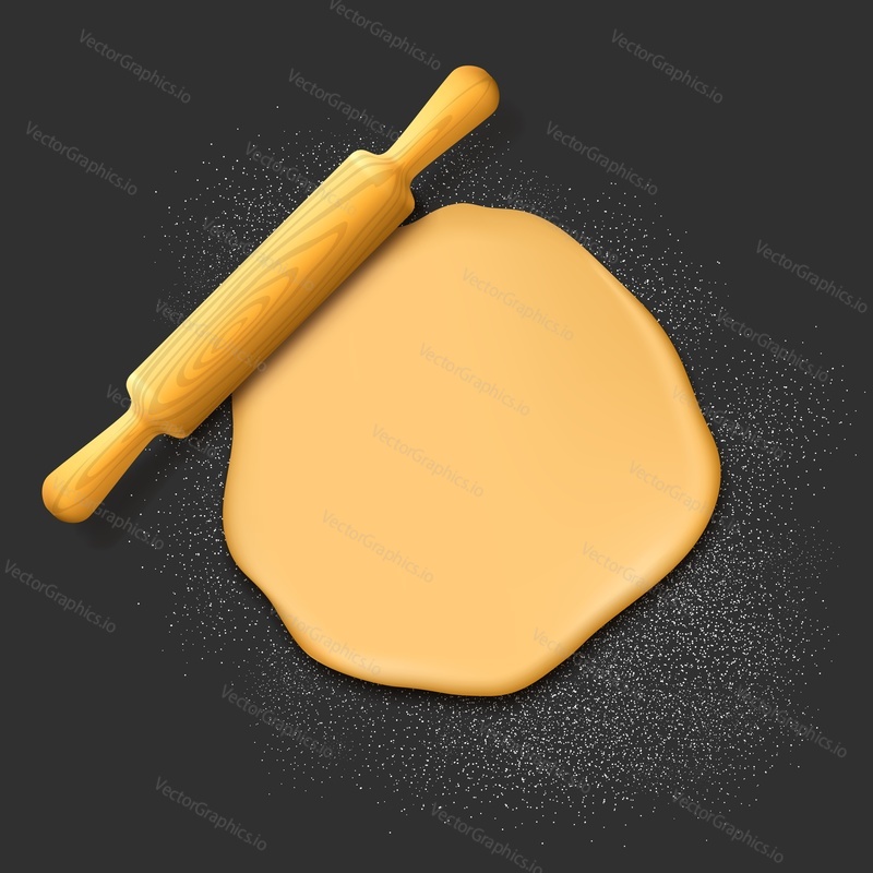 Wooden rolling pin and dough vector. Bakery and pastry culinary illustration. Kneading for pizza cook or bread, cookie baking. Homemade cookery or restaurant gourmet cuisine recipe