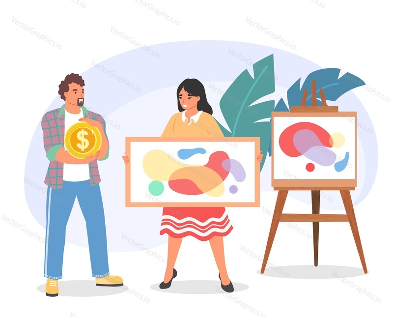 Online gallery nft crypto art vector. Customer buy picture by dollar, seller offering creative craft painting composition illustration. Digital artwork online trade concept