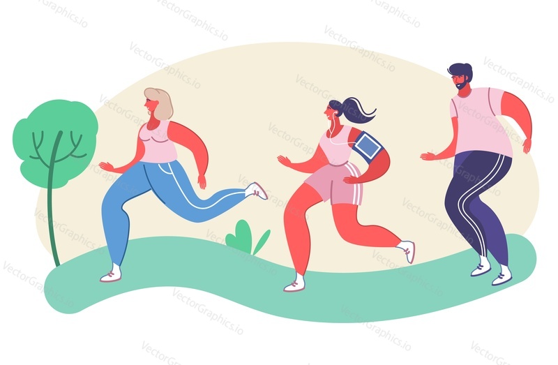 Vector people athlete runner marathon sport race illustration. Group of young man and woman jogger doing exercise training before competition or jogging sprint distance