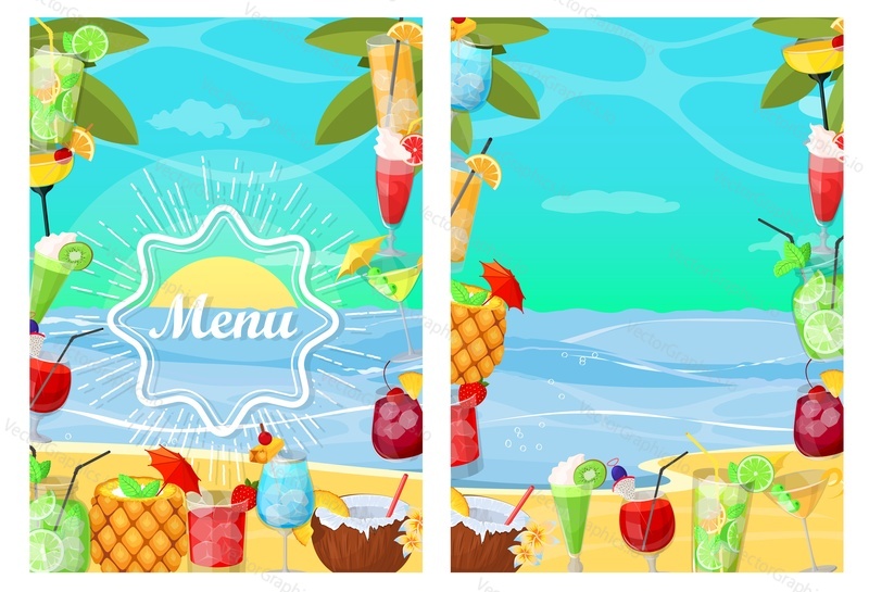 Иллюстрация векторного дизайна меню летнего пляжного бара с напитками. Вечеринка на тропическом морском побережье во время каникул с плакатом алкогольного напитка. Яркий абстрактный узор брошюры