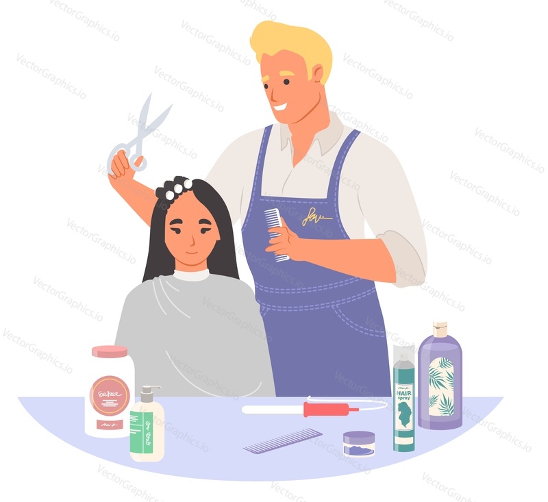 Barber hair stylist making haircut for woman client vector illustration. Barbershop interior. Professional beauty salon. Hairdresser master character doing coiffeur for female