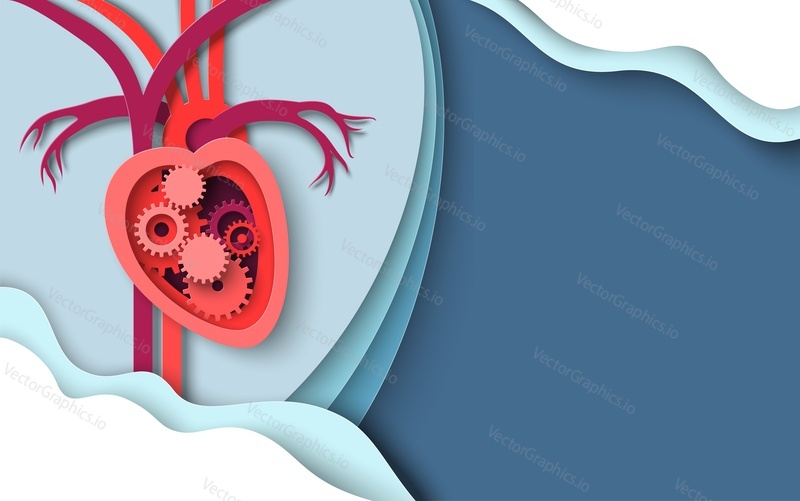 Вектор зубчатого механизма сердца. Иллюстрация к кардиологии. Внутренний орган сердца человека с зубчатым колесом внутри. Сердечно-сосудистые заболевания и функциональность сердечно-сосудистой системы