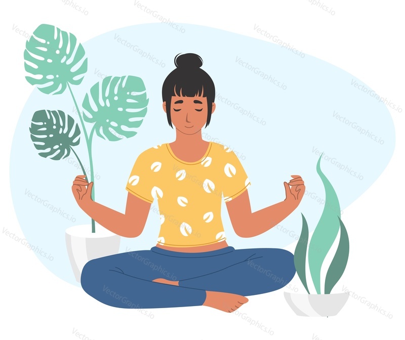 Woman sitting in lotus position practicing meditation flat vector illustration. Girl making morning yoga, relaxing at eco-friendly home area or doing breathing exercises cartoon. Mindfulness concept