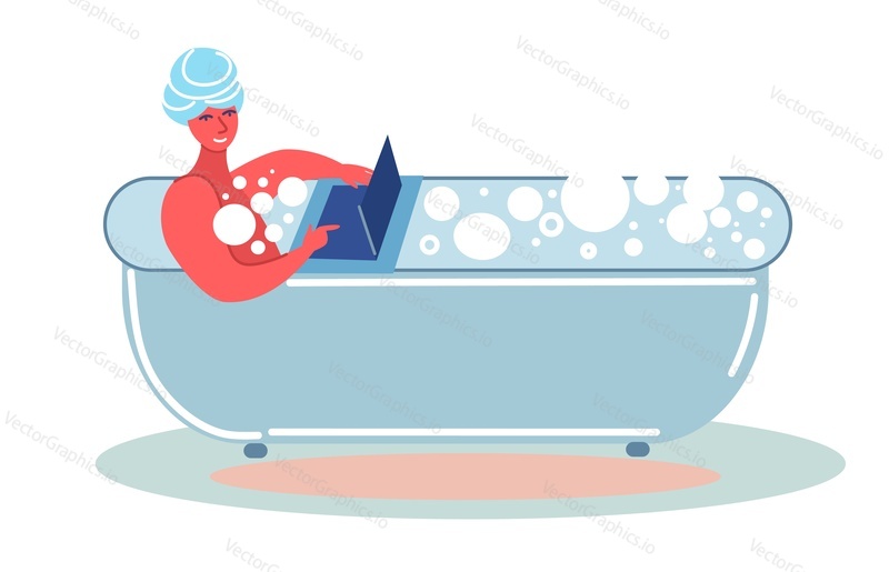 Женщина с ноутбуком принимает ванну векторная иллюстрация. Счастливая женщина расслабляется в ванной, проводя время онлайн, занимаясь серфингом в Интернете, общаясь в социальных сетях или просматривая обучающий вебинар