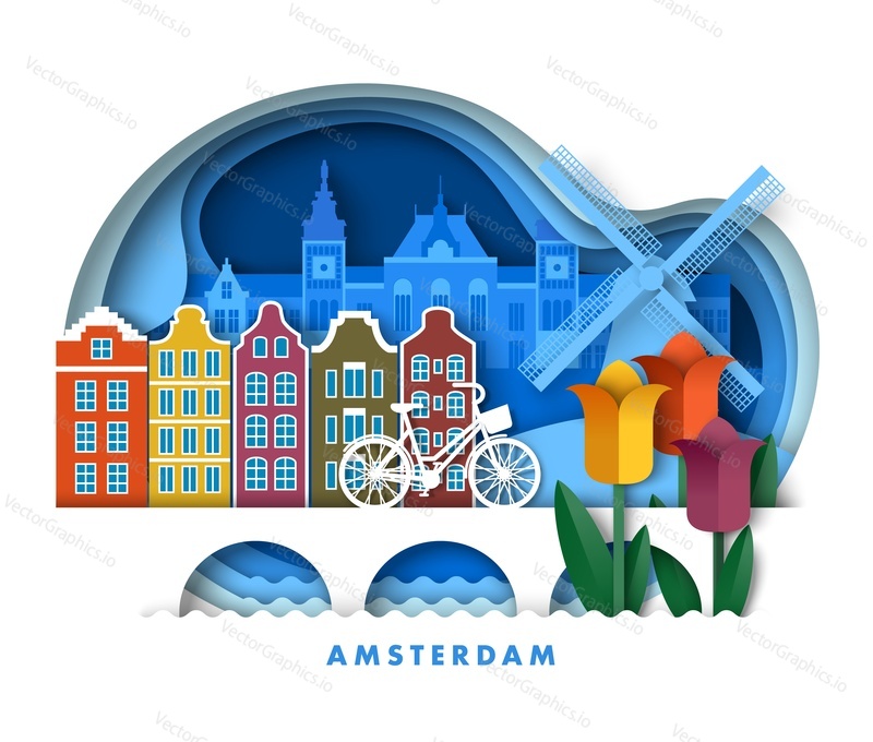 Amsterdam city in Holland travel landscape vector illustration in paper cut craft art origami style. Panorama of building architecture cityscape background with flower blossom, mill and bicycle