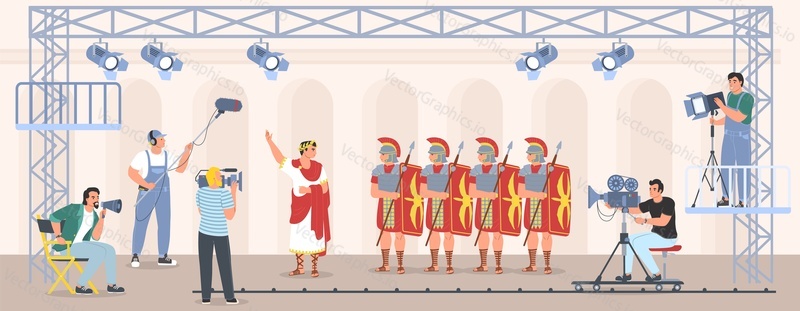 Film production crew vector. Cinema movie shooting in studio illustration. Video about roman empire creation background. Historic TV show making on theatre stage under spotlight. Cinematography concept
