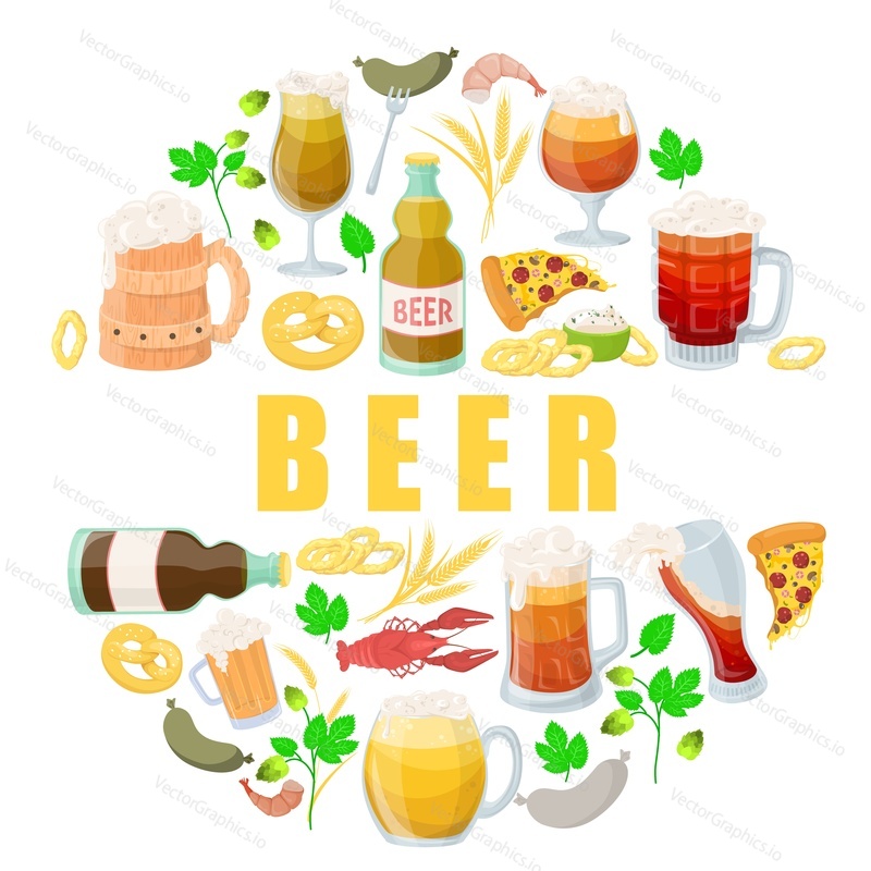Beer vector poster. Pub alcohol drink illustration. Brewery industry or oktoberfest festival background. Bar mug filled craft and ingredient beverage round frame design template