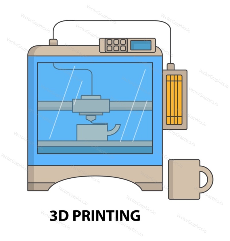 3d printing vector. Machine to prototype model illustration. Manufacturing technology, industry innovation to create volumetric plastic material and modeling construction work