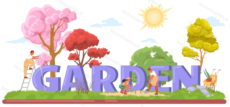 Садовый векторный плакат с персонажами-людьми, занимающимися садоводством, выращиванием и уходом за растениями. Иллюстрация садовника с типографскими буквами. Сезонные работы по поливу, посадке, сгребанию, стрижке