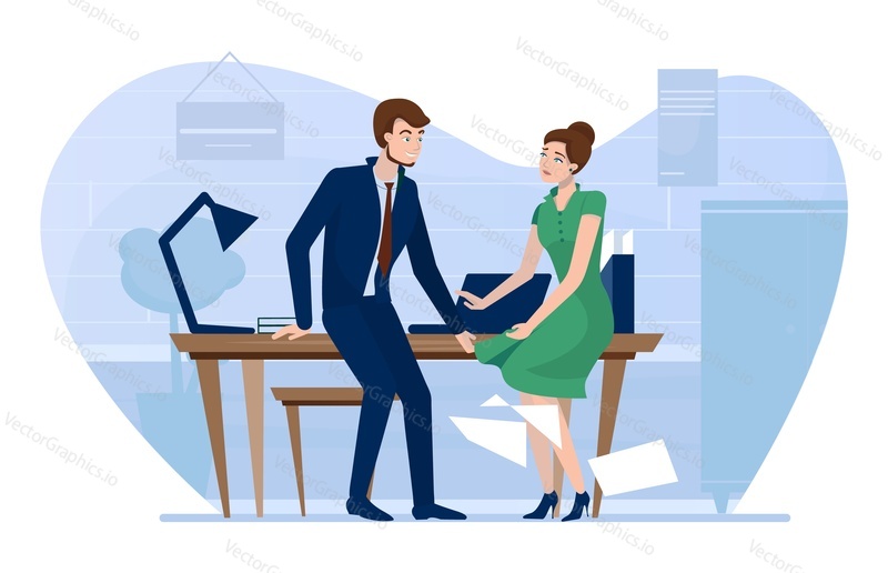Workplace harassment vector. Man boss chief touching beautiful female assistant at work place illustration. Uncomfortable office communication condition