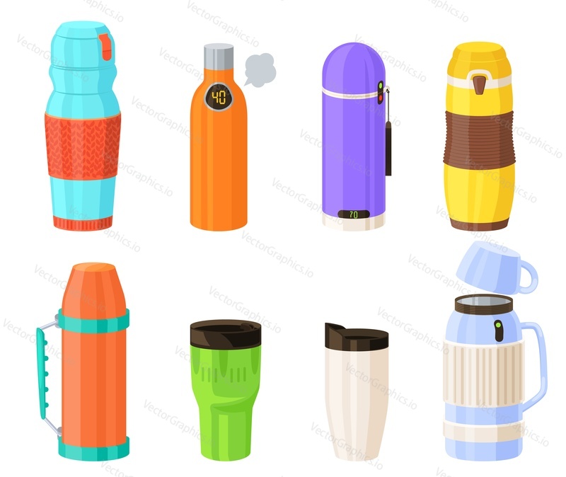 Thermos cartoon vector. Thermo cup isolated set. Reusable flask for hot coffee, warm tea and water illustration. Plastic and vacuum stainless steel bottle with lid on white background
