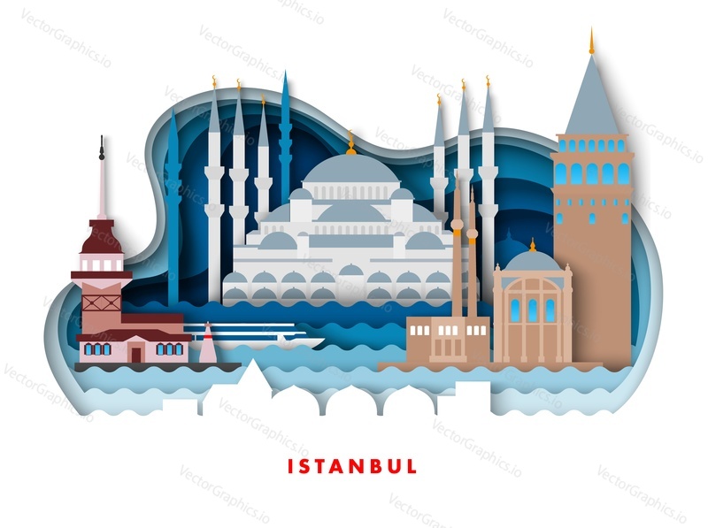 Istanbul turkish city travel landscape vector illustration in paper cut craft art origami style. Panorama of historic building old architecture with heritage museum, ancient mosque