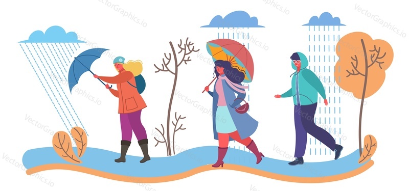Вектор погоды с осенним дождем. Иллюстрация людей в дождевиках, идущих по улице под зонтиком. Холодные дождливые штормовые и ветреные сезонные условия окружающей среды