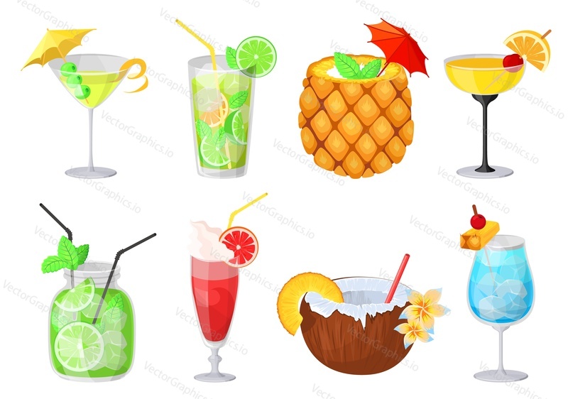 Вектор тропического коктейля. Летний набор бокалов для пляжных напитков. Алкогольный фруктовый экзотический напиток, выделенный на белом фоне. Иллюстрация ассортимента меню жидких закусок в курортном баре, пабе на берегу моря
