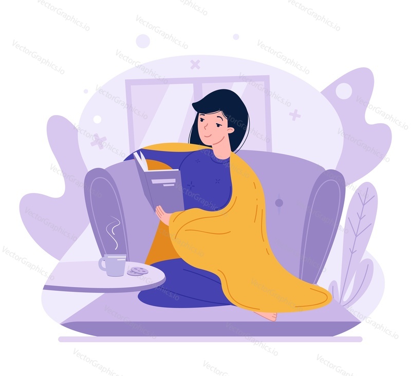 Woman reading book sitting wrapped in plaid vector. Young girl enjoying relax time at cozy home isolated on white background. Literature fan reader rest on weekend