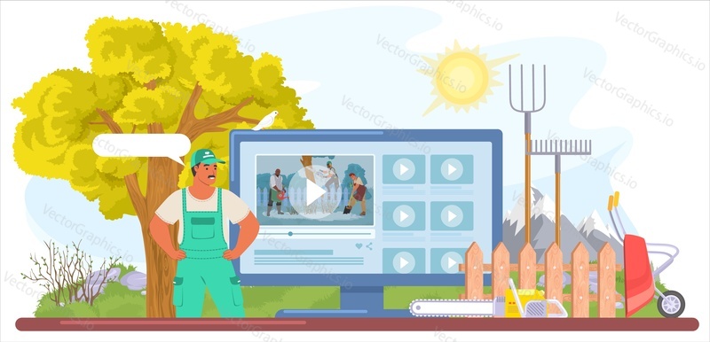 Video tutorial for gardener vector illustration. Man vlogger in uniform shooting webinar about gardening, plant caring, organic natural product cultivation and horticultural business