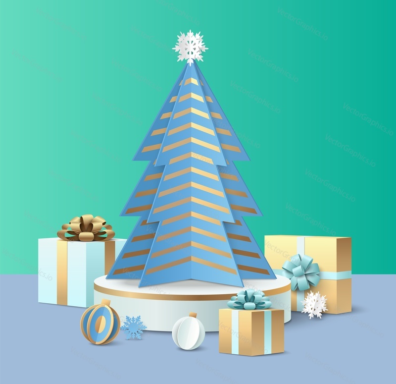 Handcraft origami Christmas tree decoration with present gift box vector illustration. Greeting card design template for Merry Xmas and Happy New Year invitation and congratulation
