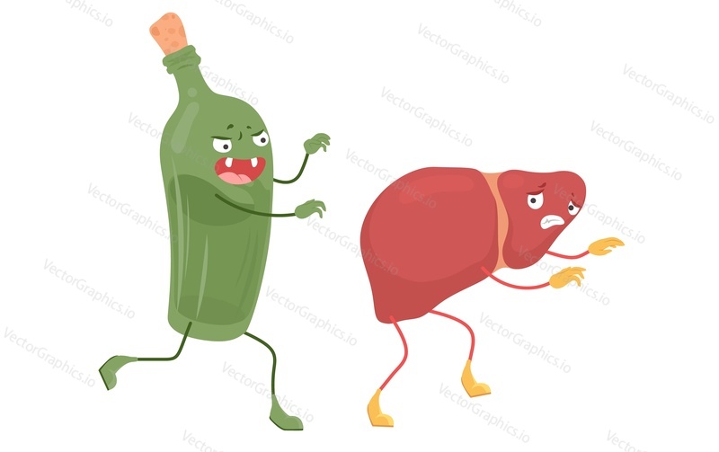 Human liver run away from alcohol drink vector illustration. Alcohol-related disease of digestive system. Unhealthy internal organ and alcoholic addiction bad habit concept