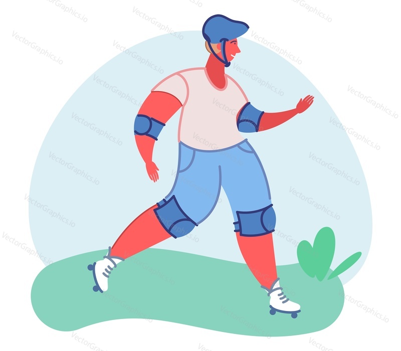 Плоская векторная иллюстрация фигуриста на роликовых коньках. Молодой человек в спортивном защитном снаряжении, быстро едущий верхом, наслаждается летним активным отдыхом. Мультяшный персонаж мужского пола, любитель спорта