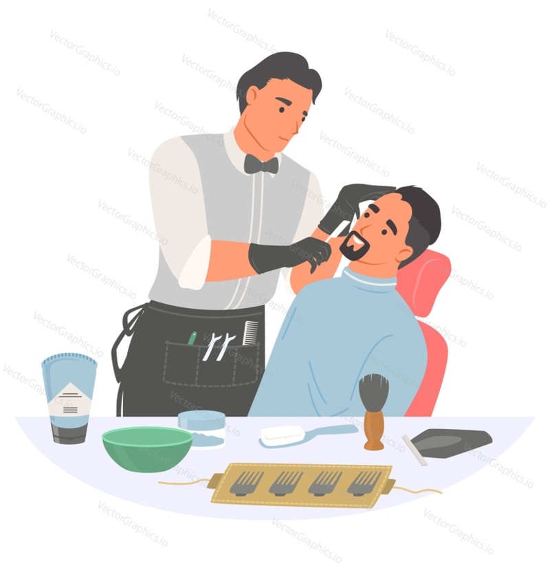 Barber shaving man beard at barbershop vector illustration isolated on white background. Grooming salon, barbershop. Professional hairdresser at work and client service