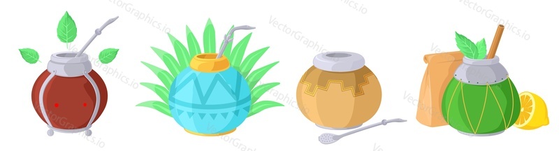 Векторный изолированный мультяшный набор для приготовления чайного напитка Мате. Иллюстрация аргентинского фруктово-травяного напитка. Чашечная порция натурального зеленого органического антиоксидантного ассортимента. Дизайн меню кафе-ресторана