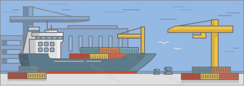 Вектор обслуживания морских грузов. Иллюстрация морского порта. Глобальная концепция международной логистики и доставки грузов. Большой корабль импортирует экспортную контейнерную коробку через океан по всему миру