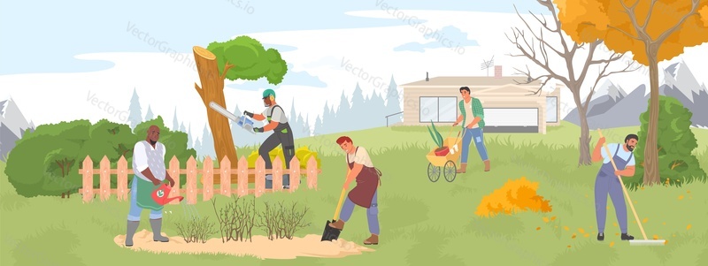 People farmer work in garden vector illustration. Gardening man and woman doing season job as watering, planting, cutting, hoeing, arranging in autumn orchard farmland background