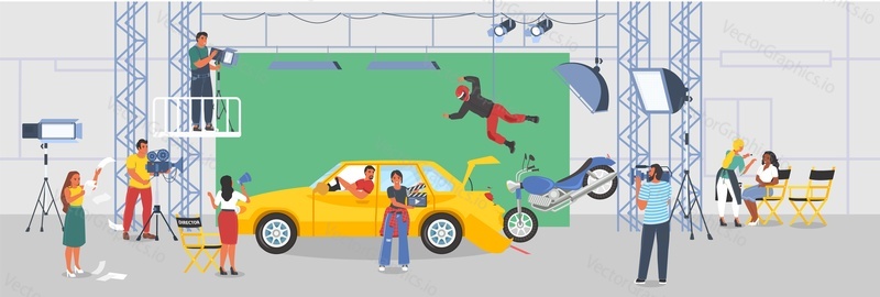 Съемочная группа фильма снимает векторную иллюстрацию боевика. Создание кино об автомобилях и истории гонок на мотоциклах. Концепция индустрии кинематографии