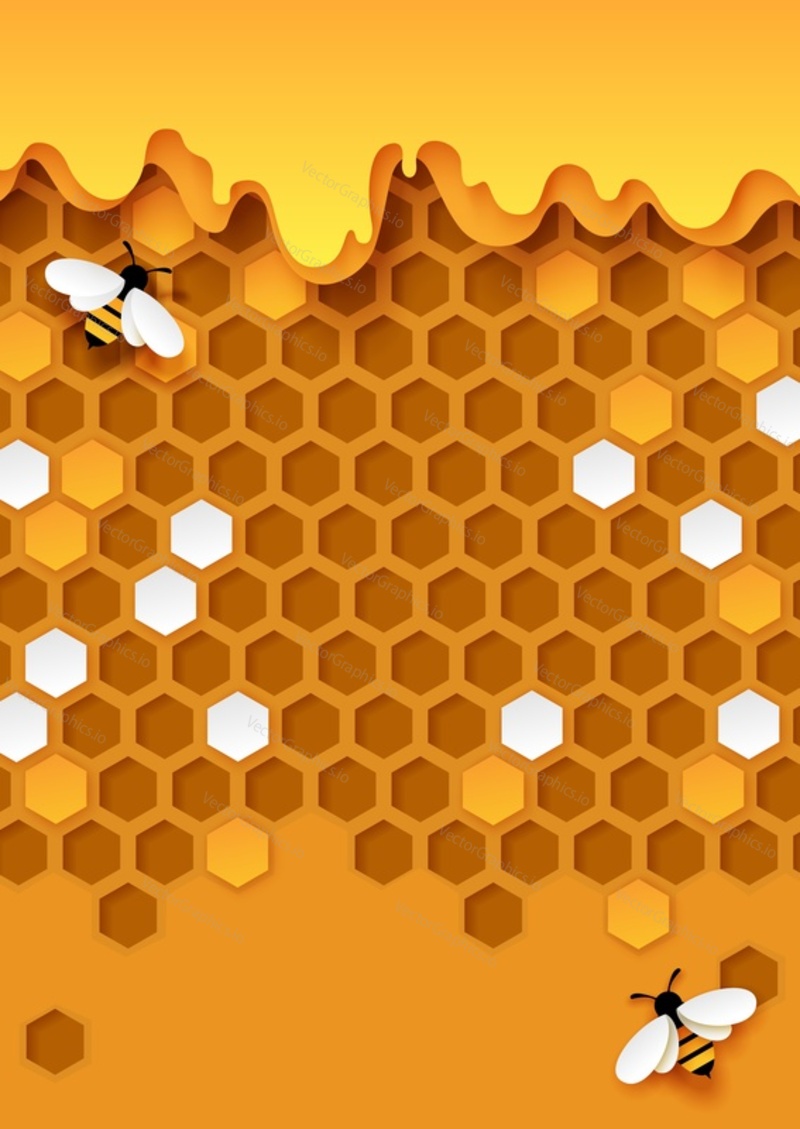 Honey vector background with bee and honeycomb. Abstract yellow hexagon comb shape pattern design texture with flying insect. Sweet organic product wallpaper, package jar wrapping template