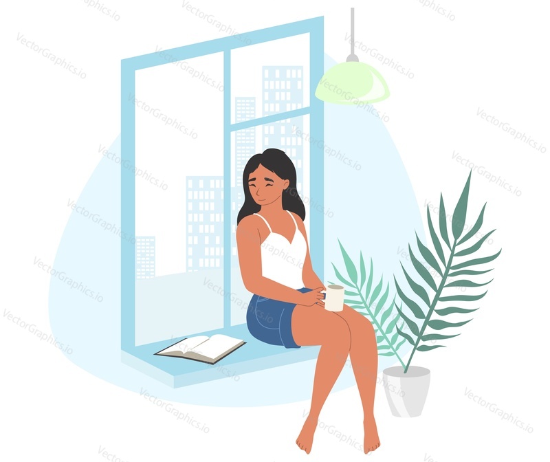 Женщина читает книгу, сидя на векторной иллюстрации окна. Молодая девушка наслаждается отдыхом в уютном доме, изолированном на белом фоне. Любитель литературы, читатель, отдыхающий в выходные