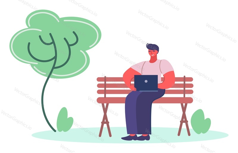 Man with laptop working in park vector illustration. Young guy sitting on bench using computer for freelance work, remote job over public garden landscape. Student, worker or tourist with pc