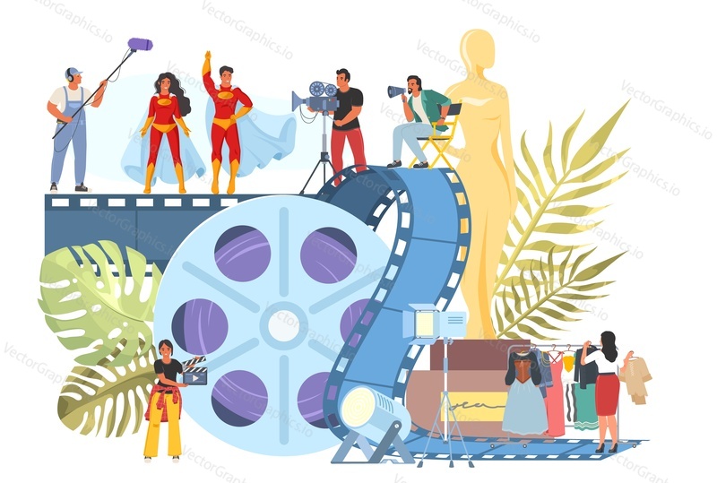 Film production vector. Cinema movie making cartoon poster. Media team with producer and director shooting blockbuster video flat illustration. Cinematography festival award ceremony concept