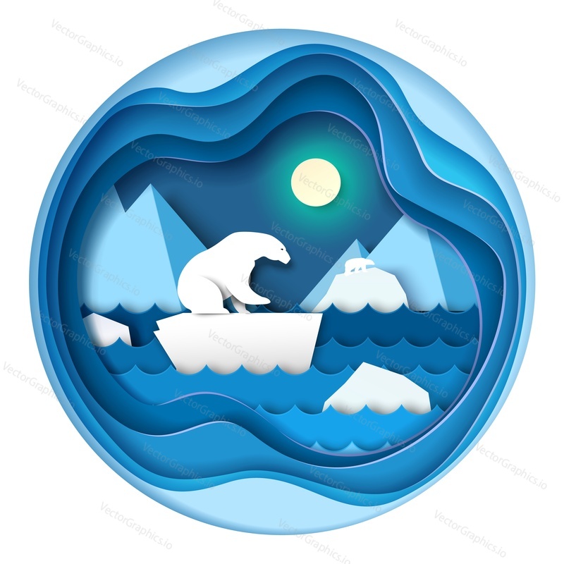 White northern bear swimming on iceberg glacier in antarctica world continent vector illustration. Polar wildlife abstract environment banner in 3d paper cut origami craft style