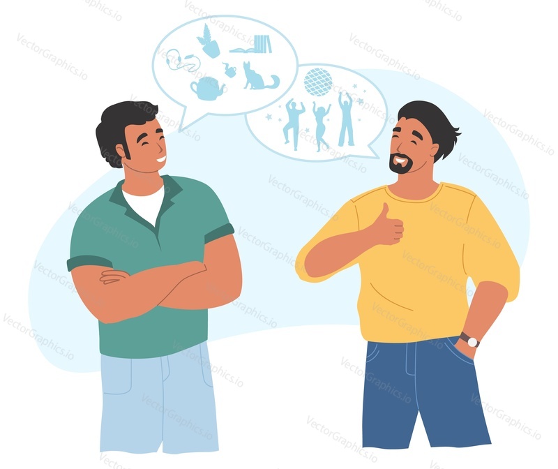 Guy friends talking together facing each other vector illustration. Male character standing and communicating. Two young man meeting and speaking about hobby having informal conversation