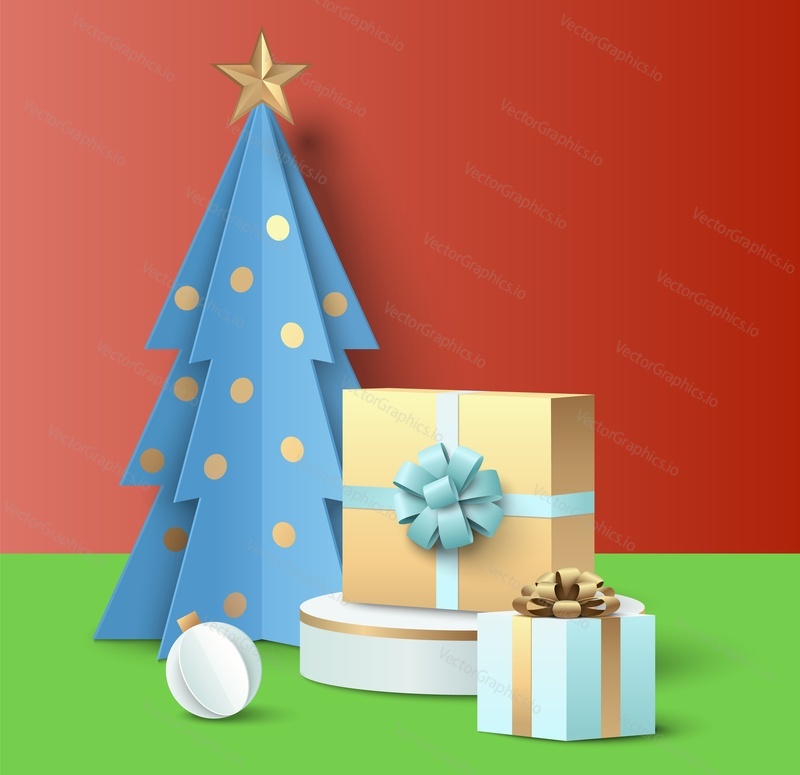 Рождественская елка со звездой и вектором подарков. Елка оригами, украшенная к Рождеству и Новому году. Декоративный шарик-безделушка, подарочная коробка с иллюстрацией-сюрпризом для поздравительной открытки в стиле вырезки из бумаги