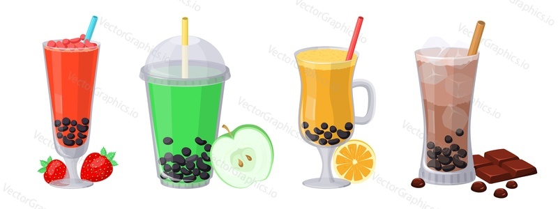Bubble tea drink vector set. Yummy milk ice beverage with different flavor, milkshake delicious dessert in plastic glass isolated on white background