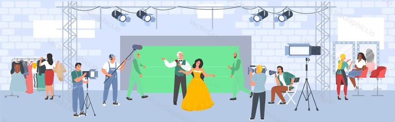 Film production crew vector. Cinema love movie shooting in studio illustration. Romantic video, cartoon fairy tale creation background. Dramatic TV show making cinematography concept