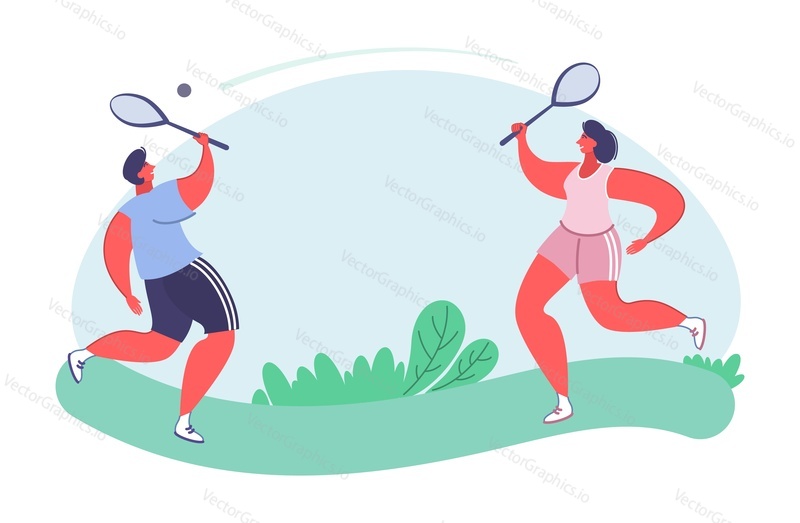 Люди, играющие в бадминтон, вектор. Иллюстрация летней спортивной игры. Молодая пара мужчина и женщина наслаждаются отдыхом и активным досугом в летнее время. Здоровый образ жизни, хорошее самочувствие и спортивное хобби