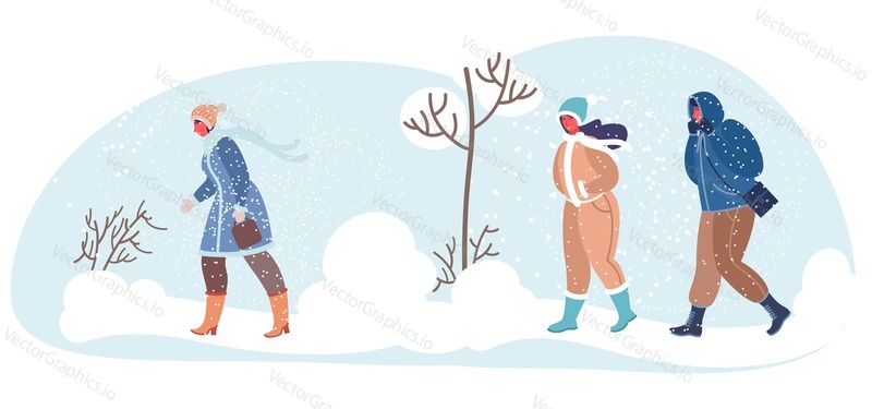 People in warm seasonal outwear walking in winter park vector. Cold frost weather illustration. Male and female character and snowy wintertime cartoon style