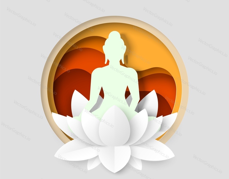 Силуэт фигуры в векторе цветка лотоса. Логотип йоги. Иллюстрация сидящей женщины, чувствующей спокойствие и умиротворение мозга. Упражнение на равновесие тела, духа и разума. Тренировка духовного оздоровления