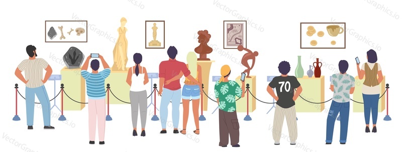 Люди в музее художественной галереи векторная иллюстрация. Посетитель, группа туристов, рассматривающих живописную картину, выставку экспо, фотоизображение древних доисторических окаменелостей
